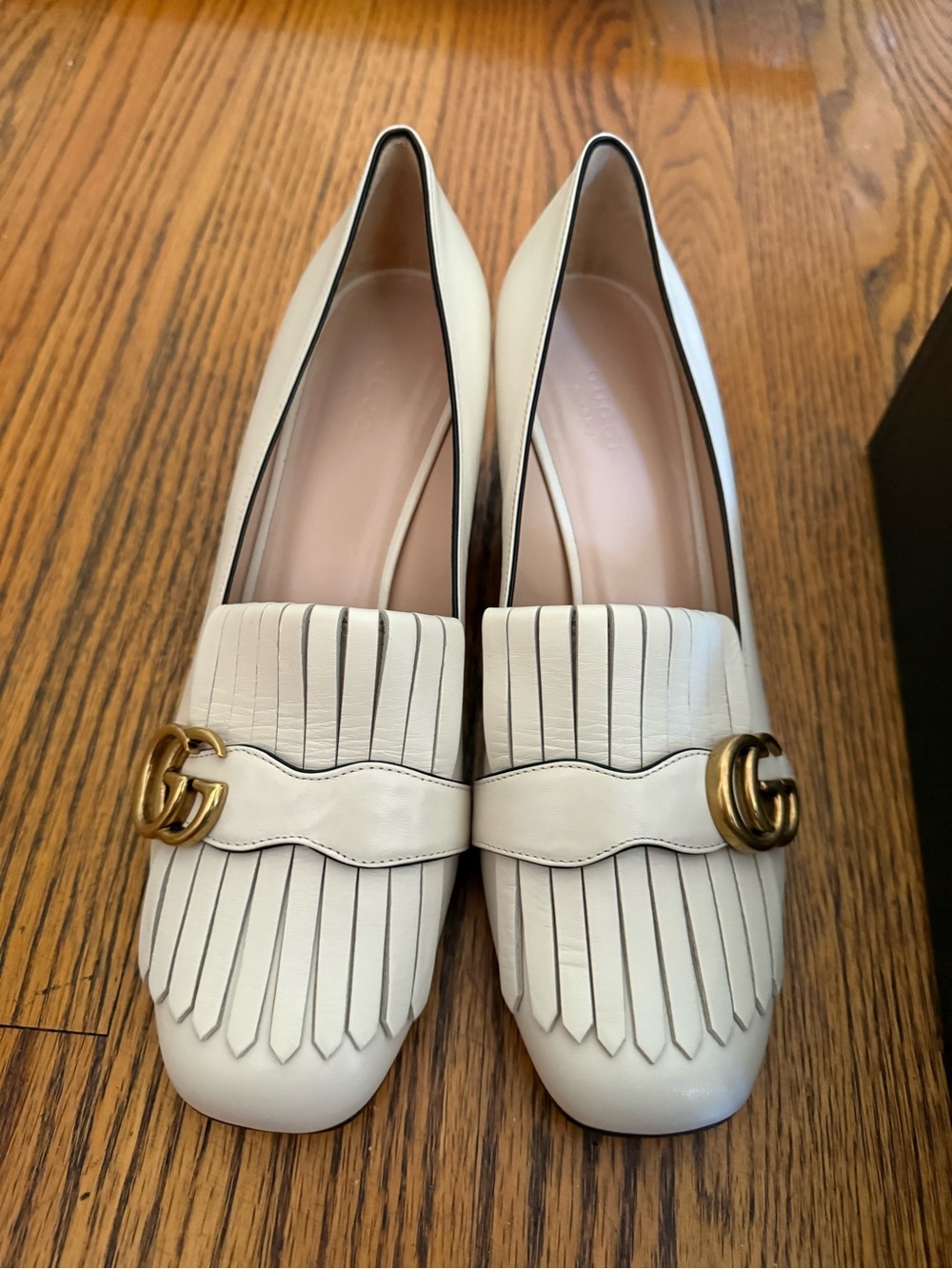 Gucci Cream Leather Kiltie Loafers with Gold Double G